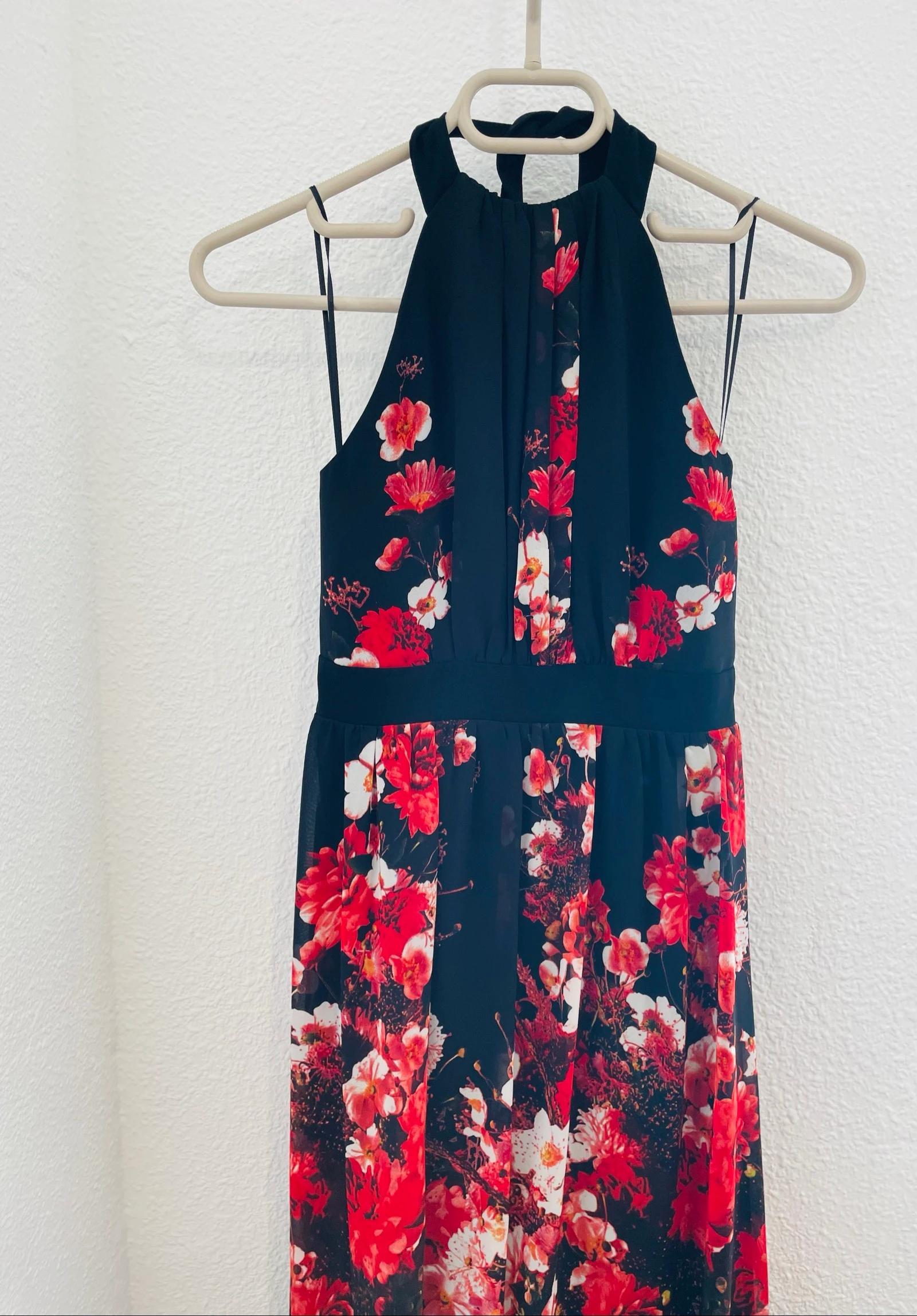 Jane Norman black with red flowers halter maxi dress, size XS, y2k, romantic